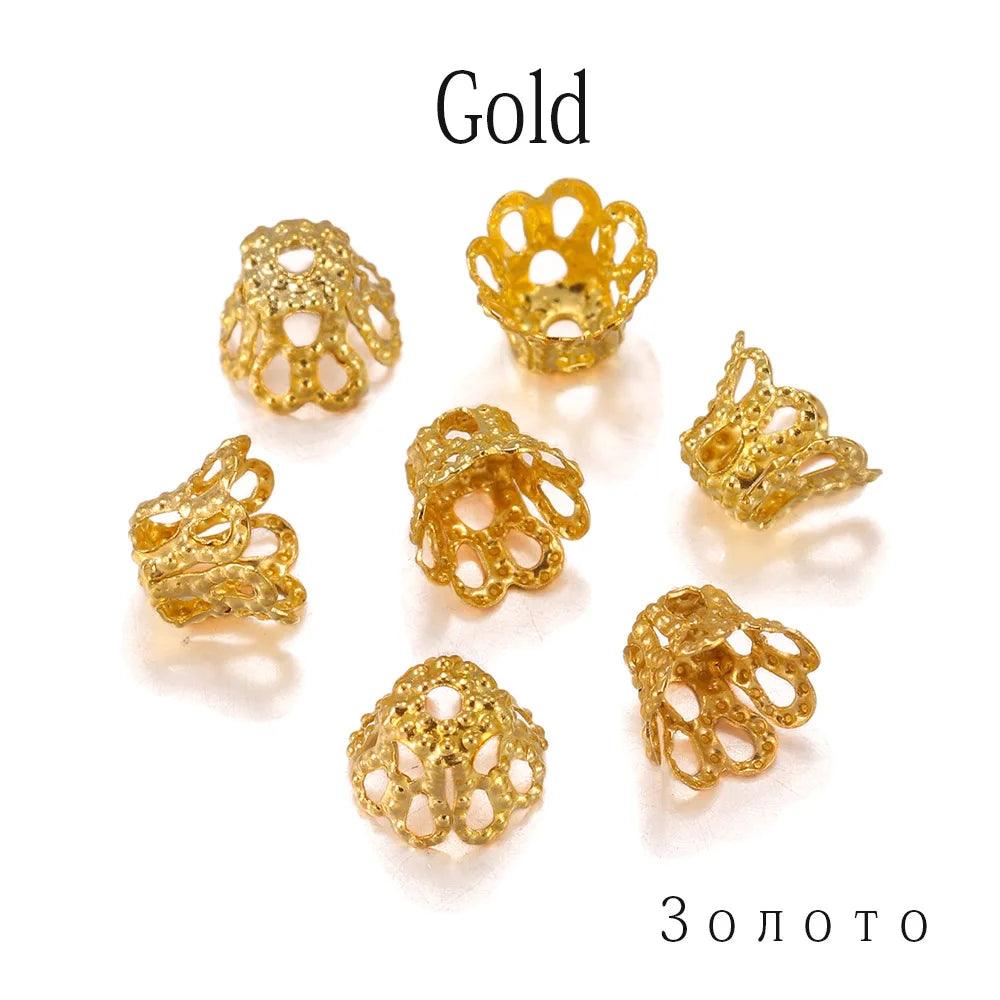 100pcs/lot Silve Gold Antique Bronze Metal Wine Cup Hollow Flower Trumpet Bead End Caps For DIY Jewelry Making Finding Supplies