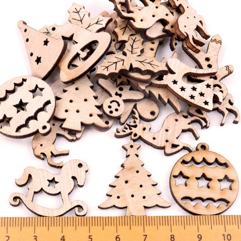 40pcs Christmas wood products Christmas tree Scrapbooking Craft Handmade Home Decoration Accessory Painting DIY Ornament