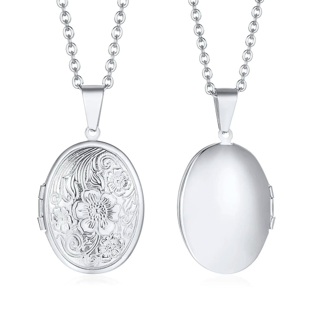Vnox Monogram Floral Oval Heart Locket Pendant Necklaces for Women Men, Stainless Steel Photo Frame Promise Love Keepsake Collar