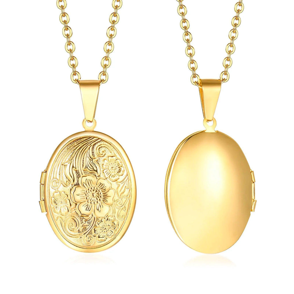 Vnox Monogram Floral Oval Heart Locket Pendant Necklaces for Women Men, Stainless Steel Photo Frame Promise Love Keepsake Collar