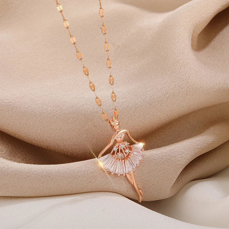 Sweet Elegant Ballerina Girl Crystal Zircon Pendant Necklaces For Women Korean Fashion Ladies Sexy Stainless Steel Jewelry Gift