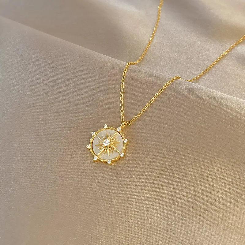 DIEYURO Stainless Steel Fashion Personality Geometric Zircon Necklace Shell Flower Pendant Hong Kong Style Clavicle Chain Gift