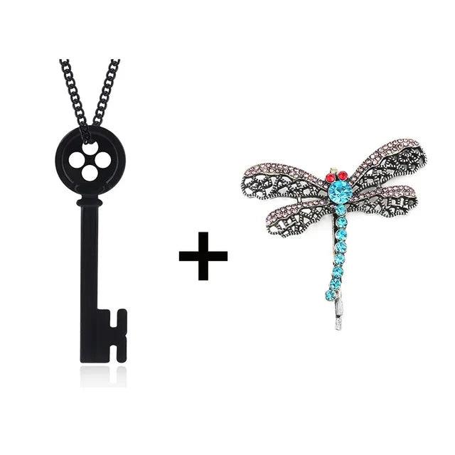 Movie Coraline Seeing Stone Pendant Necklace Green Stone Key Pendant Necklace Laika Dragonfly HairPin Cosplay Costume Jewelry
