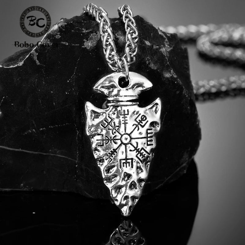 Men Viking Spear Compass Necklaces Norse Runes Amulet Helm of Awe Vegvisir Pendant Stainless Steel/Genuine Leather Chain Jewelry