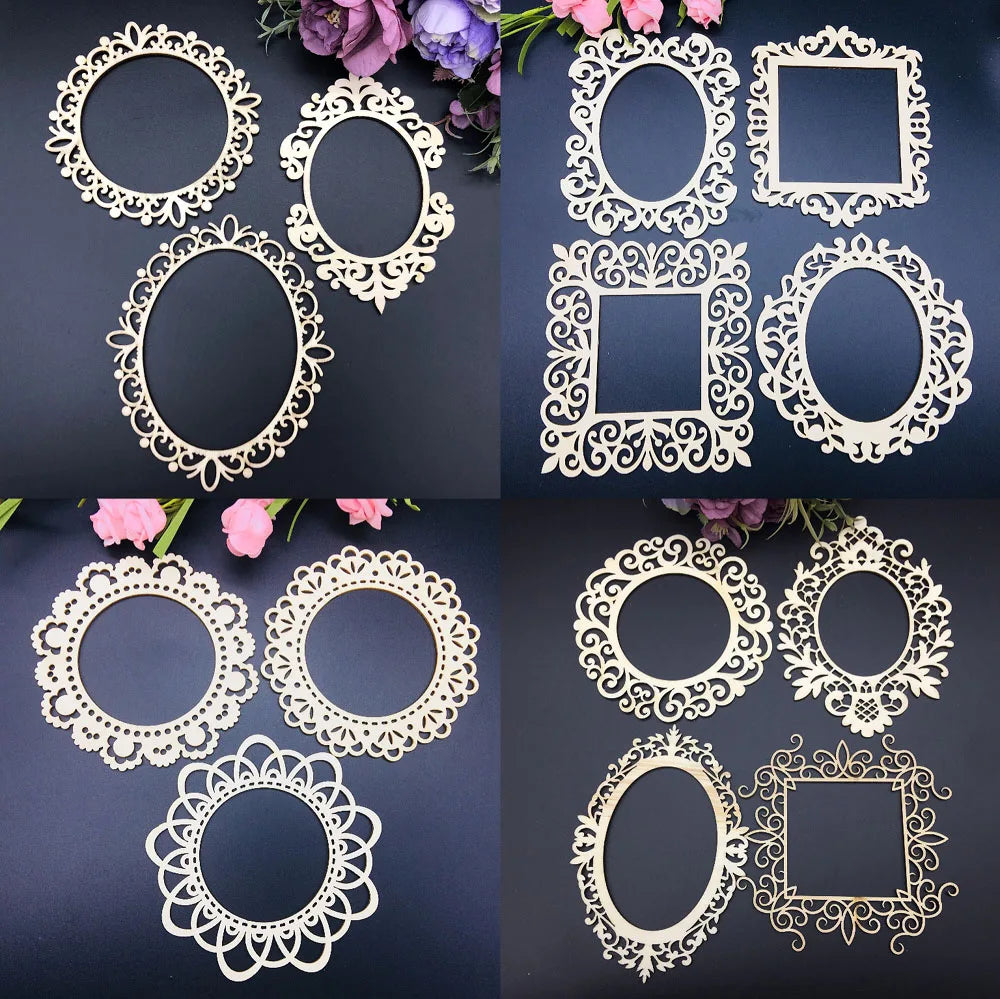 Lace border Wooden frame Set Natural laser Wood Chips Embellishments Scrapbooking Crafts Handmade card Art Album Alinacraft