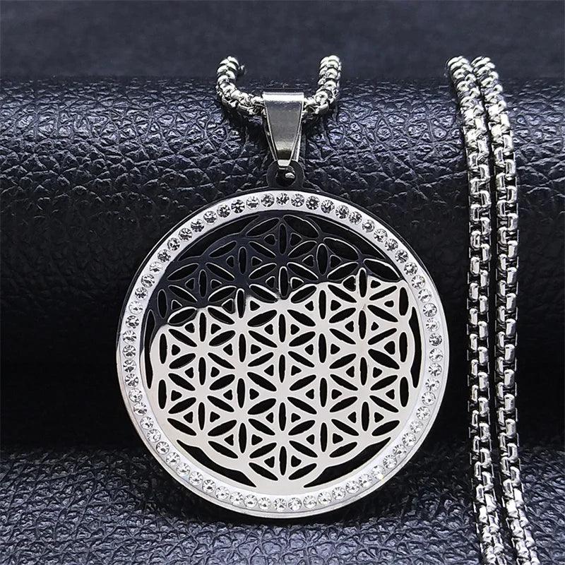 Yoga Flower of Life Stainless Steel Crystal Chain Necklaces Women/Men Seed of Life Pendant Necklace Jewelry fleur de vie N4834