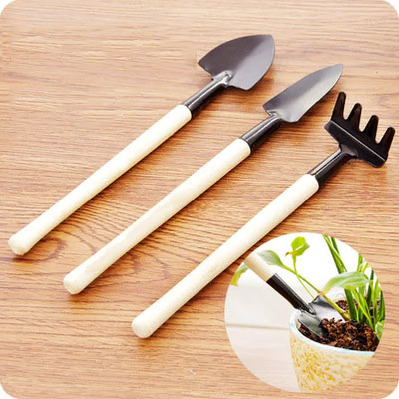 3 Pcs Plant Potted Bonsai Tool Gardening Kit Shovel Flower Pot Mini Spade Rake Wooden Handle Balcony Planting Tools