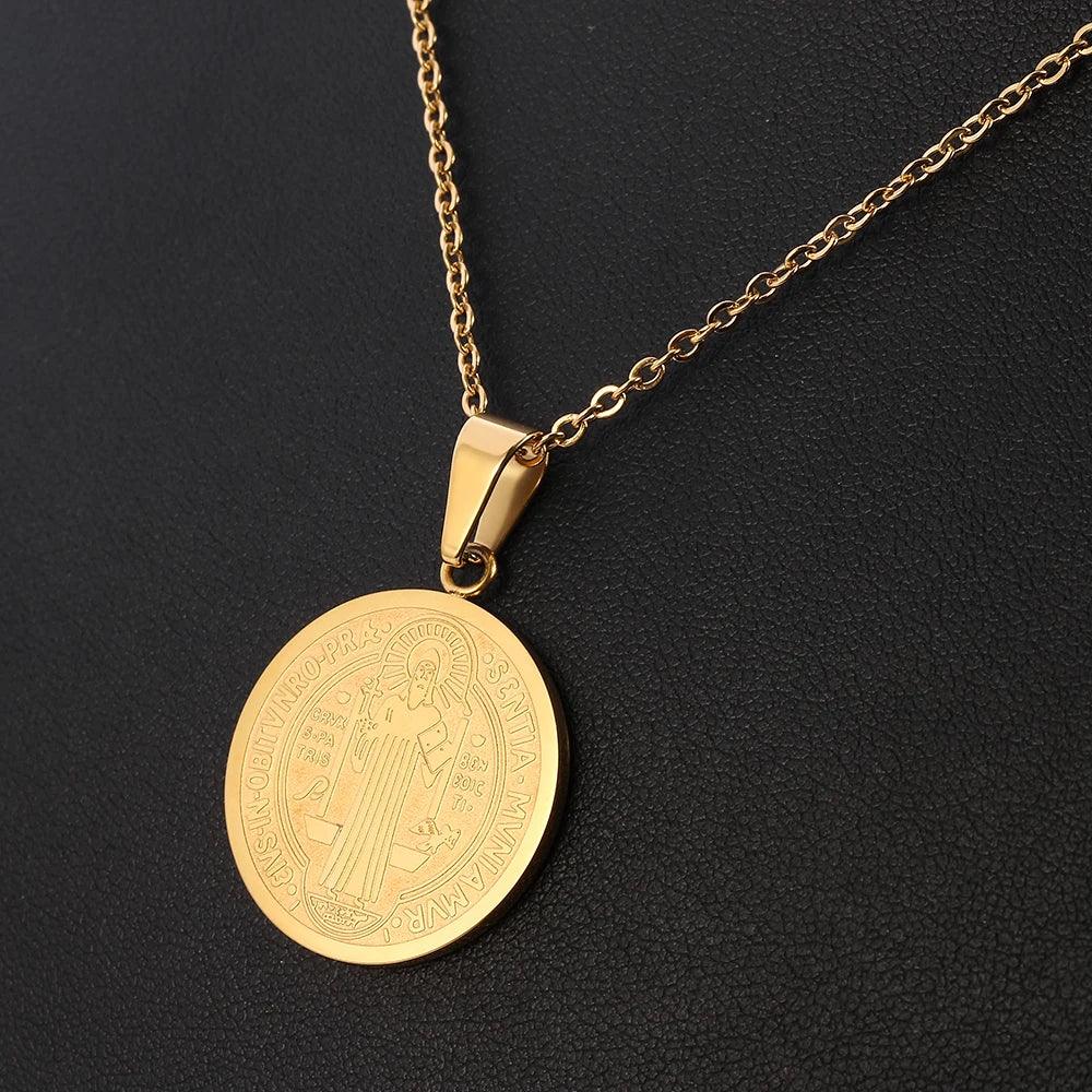 Religious San Benito Medal Pendant Stainless Steel Chain Silver Color Cross Jesus Saint Benedict Necklaces for Women Men Jewelry