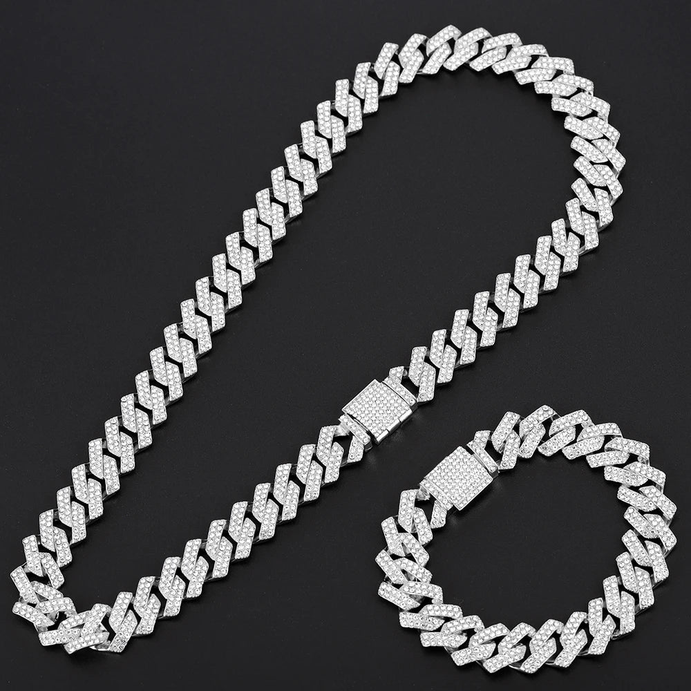 16mm Hip Hop Miami Cuban Link Chain Set Necklace +Watch+Bracelet Creative Iced Out Shiny Trendy Stylish Jewelry For Women Men