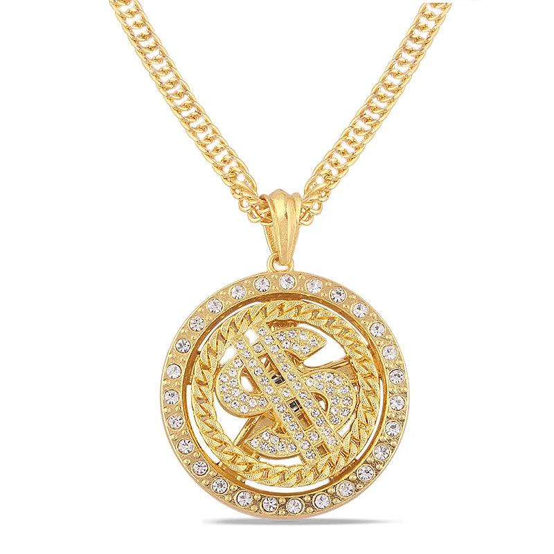 Big Rotatable US Dollar Money Sign Pendant Necklace Men Rapper Hip Hop Punk Long Chain Necklace Women Statement Necklace Gift