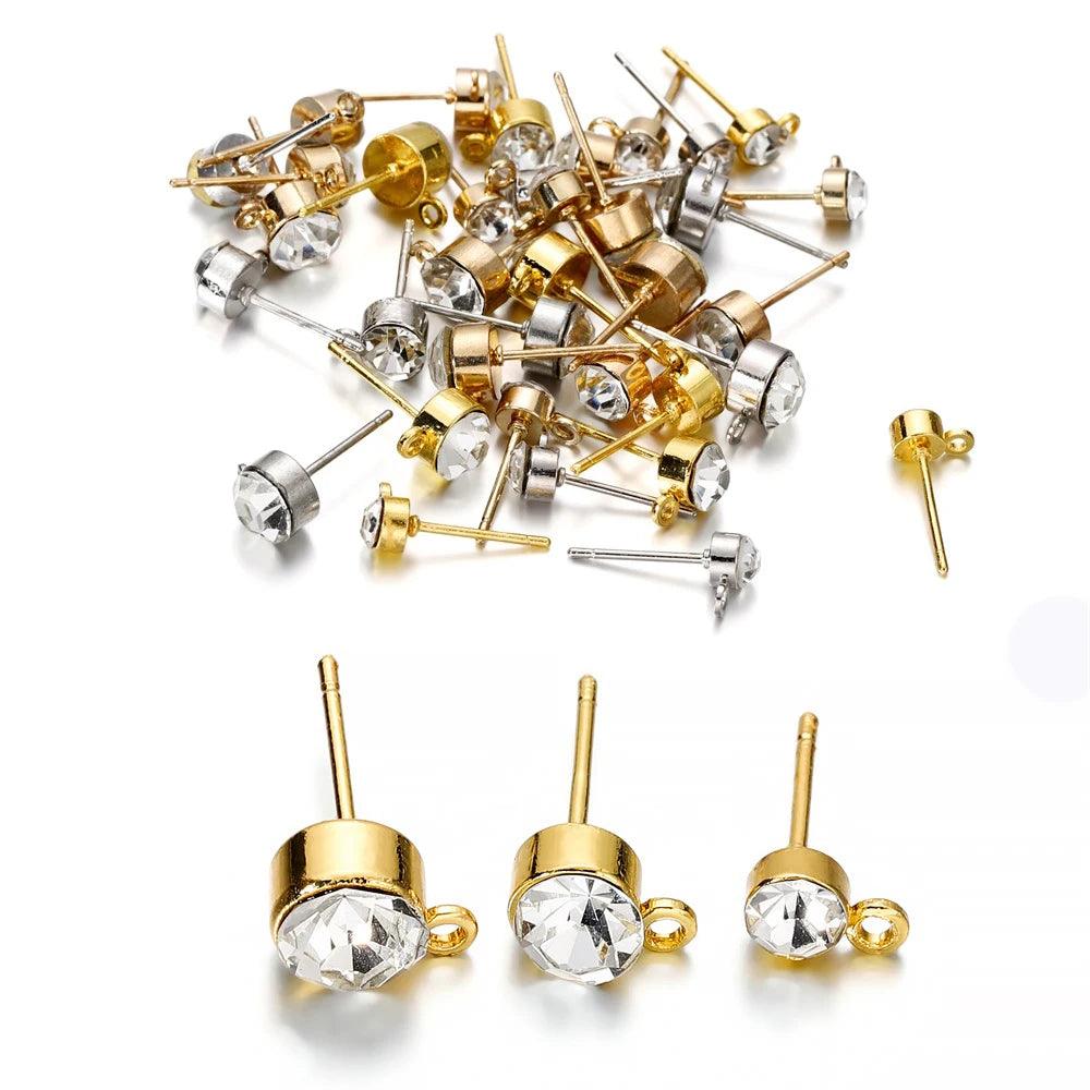 50pcs/lot 4 5 6 mm Clear Rhinestone Earring Posts Ear Studs with Loop Fit DIY Earrings Jewelry Making Supplies Accessories
