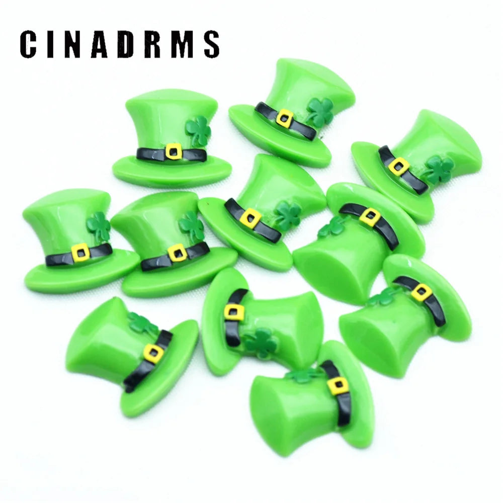 10PCS St. Patrick's Day Flat Back Green Shamrock Hat Miniatures St. Patrick's Four-Leaf Clover Scrapbooking Crafts