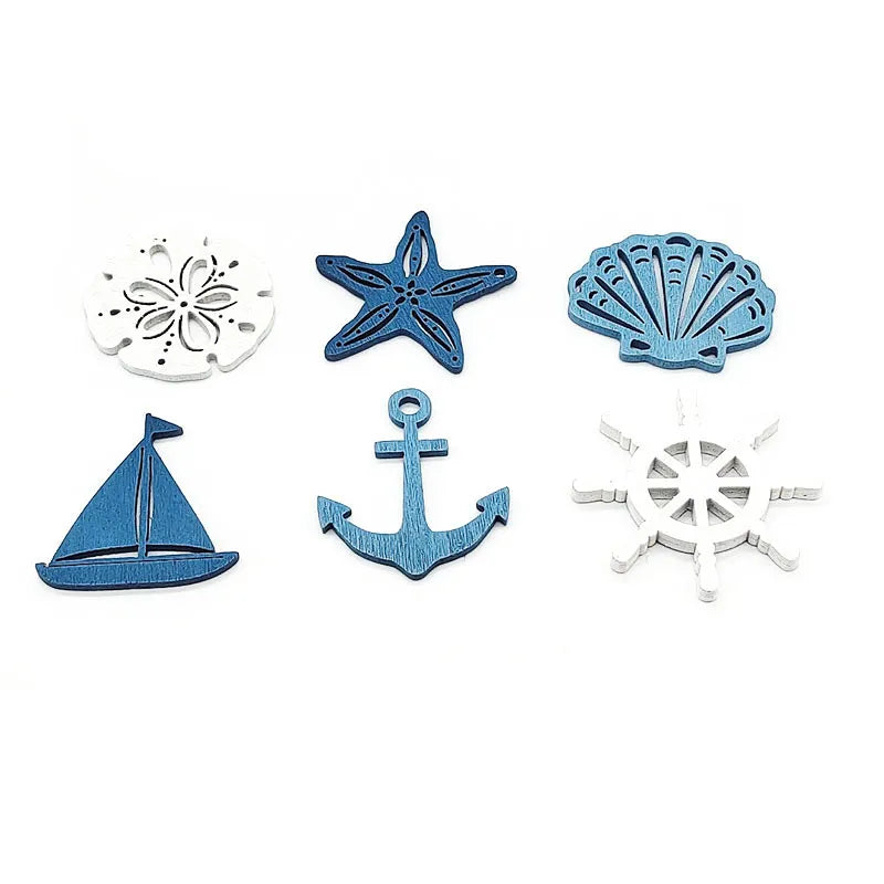 12Pcs Random Mixed Marine Blue White Wood Crafts DIY Scrapbooking Embellishment Hanging Wooden Pendant Ornaments Home Decoration