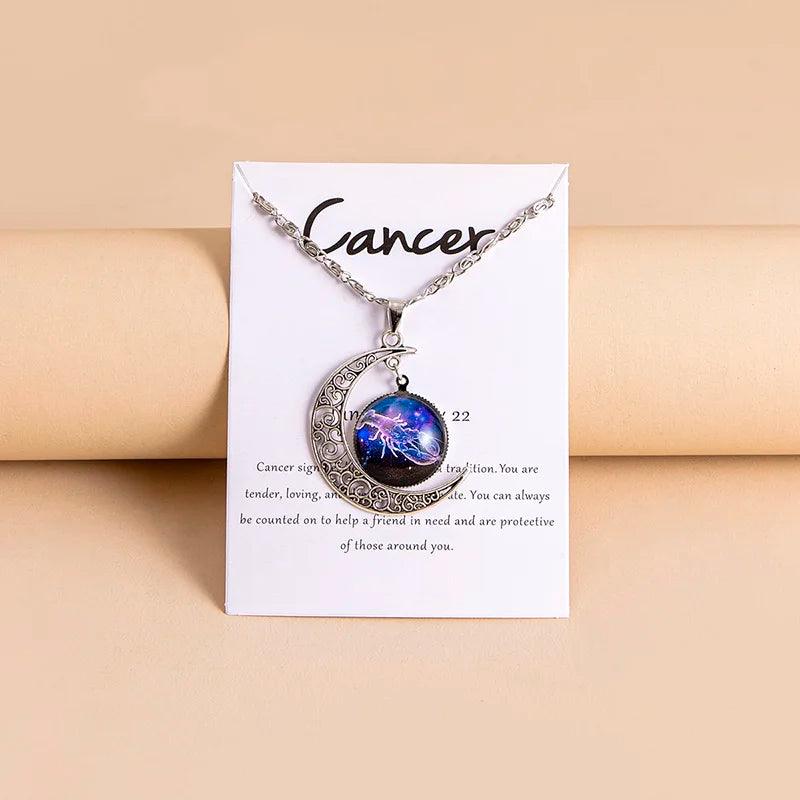 Vintage 12 Zodiac Sign Moon Pendant Necklaces Galaxy Star Glass Necklace With Gift Cards