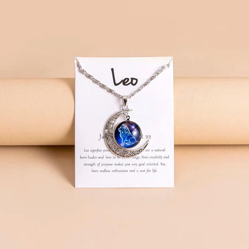 Vintage 12 Zodiac Sign Moon Pendant Necklaces Galaxy Star Glass Necklace With Gift Cards