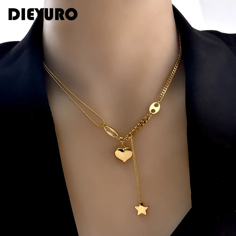 DIEYURO 316L Stainless Steel Long Love Heart  Women Girls Necklaces&Pendant Star Hanging Chain Choker Sweet Valentine's Day Gift