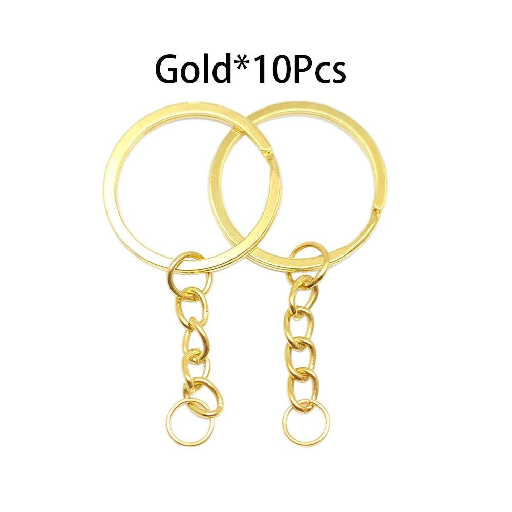 10 pcs 30mm Polished Gold Long Round Split Keyrings Keychain with Short Chain Key Rings Supplies For DIY Jewelry Making