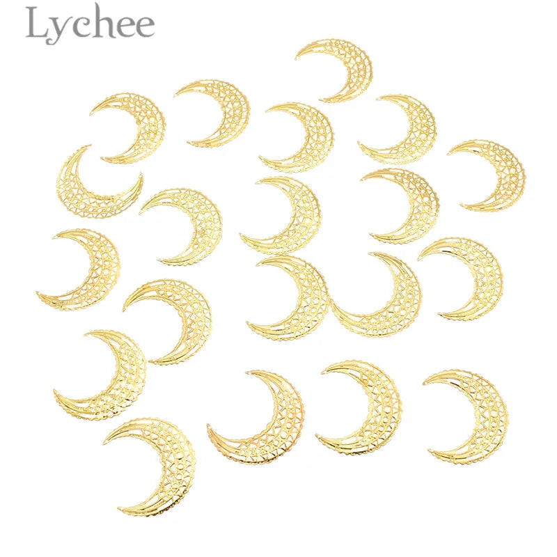 Lychee Life 20pcs Metal Filigree Flowers Slice Moon Shaped Hollow Scrapbooking Embellishments DIY Album Decoration Supplies