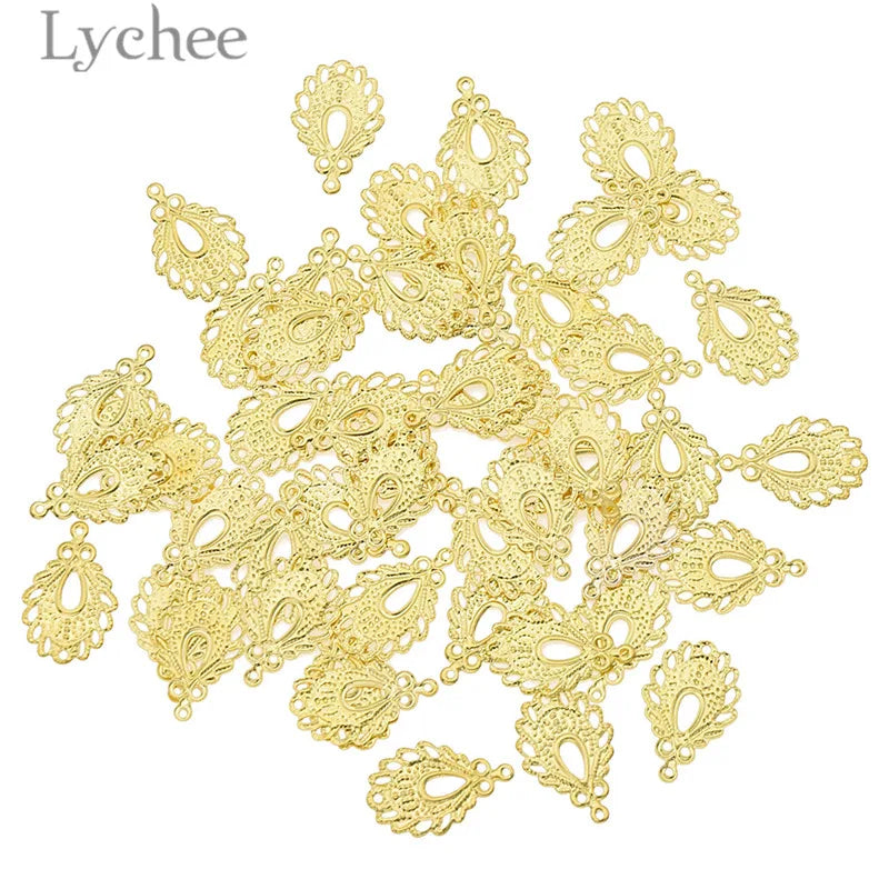 Lychee Life 50pcs Feather Shaped Filigree Flowers Slice Hollow Metal Album Embellishments DIY Scrapbooking Decoration Supplies