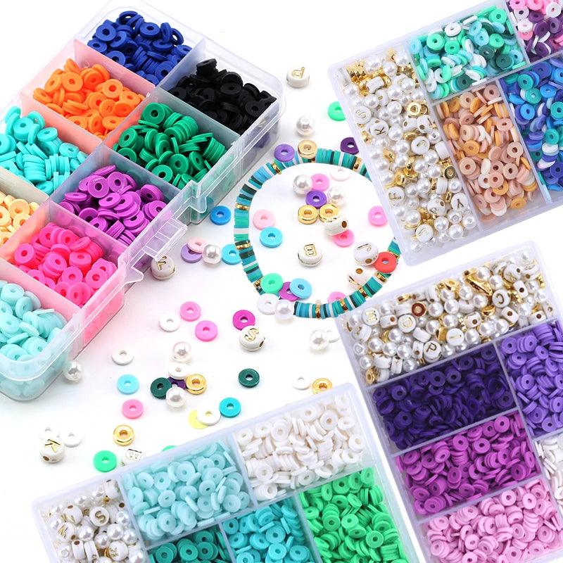 6mm Polymer Clay Beads Kit Flat Round Spacer Beads Kit with Alphabet Beads Pearls for Bracelets Necklace Making Jewelry DIY