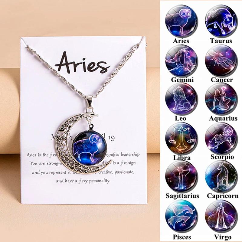 Vintage 12 Zodiac Sign Moon Pendant Necklaces Galaxy Star Glass Necklace With Gift Cards
