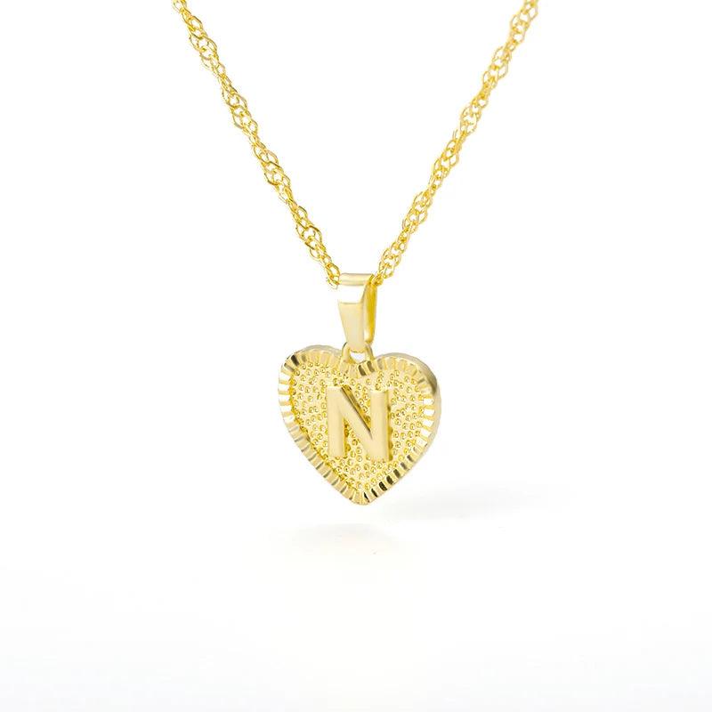 A-Z Initial Letter Heart Pendant Necklace For Women Stainless Steel Alphabet Heart Charm Chain Choker Jewelry Gift Collier Femme