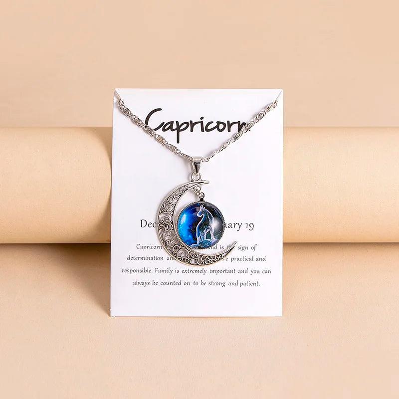 Vintage 12 Zodiac Sign Moon Pendant Necklaces Galaxy Star Glass Necklace With Gift Cards
