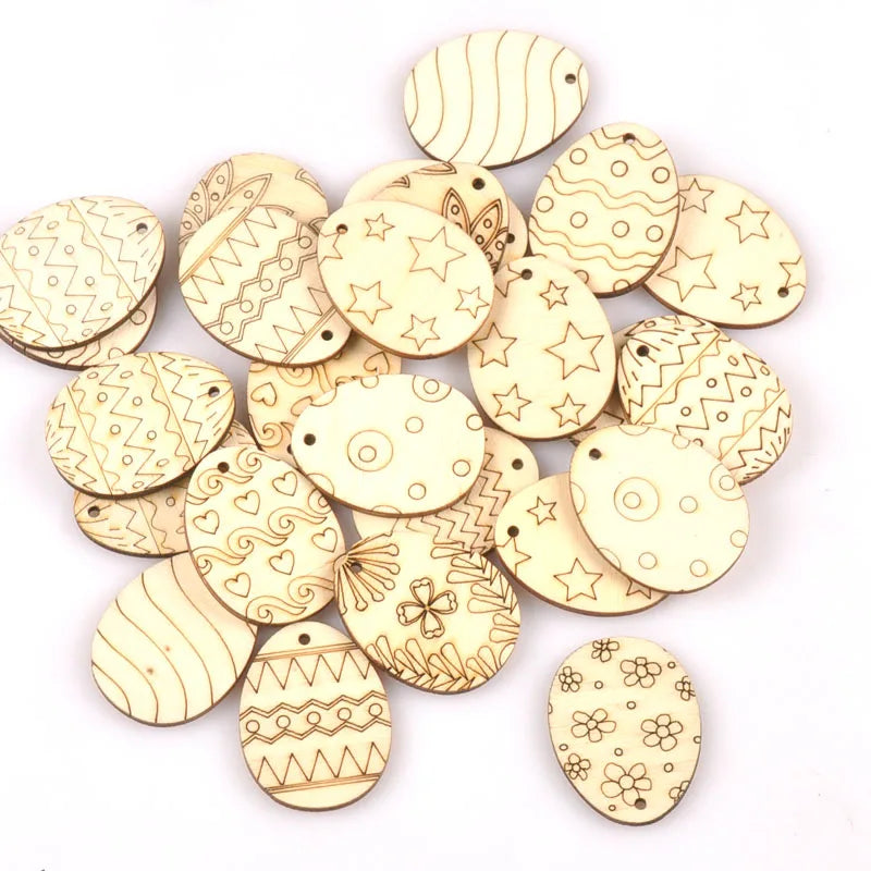 25Pcs Mixed Easter Egg Wood Crafts Pendant For Wooden Drop Hanging Ornaments DIY Scrapbook Home Decor Embellishments M2565