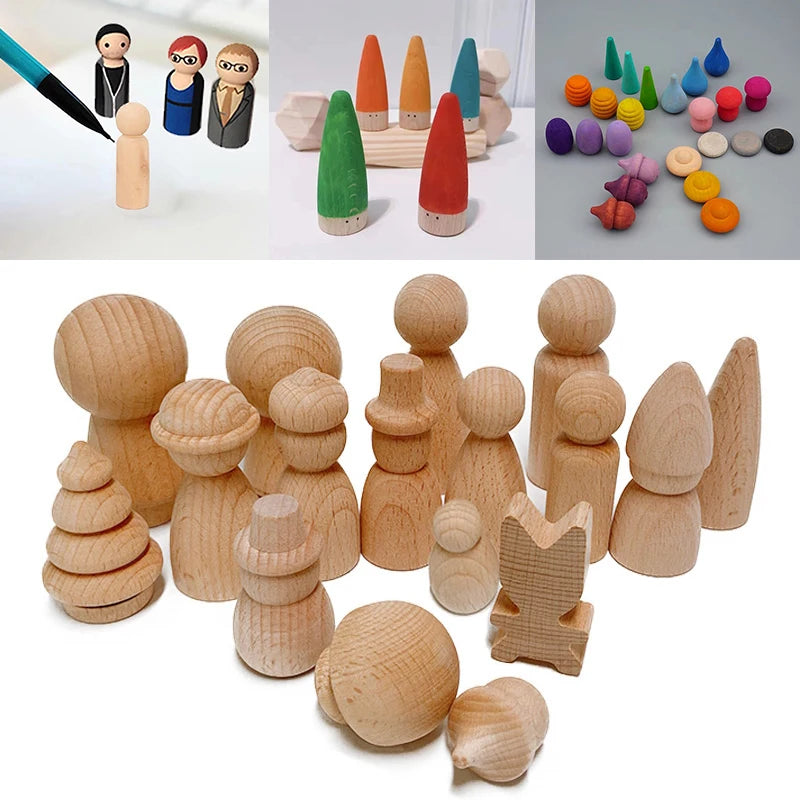 1Pc Beech Wooden Peg Dolls Baby Toys Unpainted Figures Hard Wood Dolls Kid's Printed DIY Crafts Blank Handmade Dolls Toys Gift