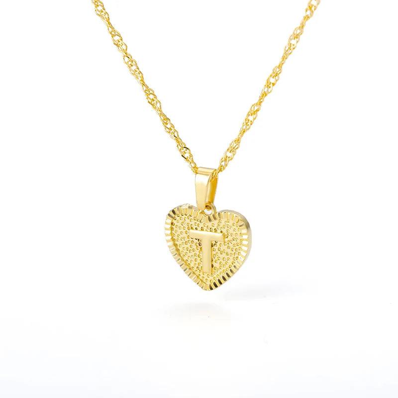 A-Z Initial Letter Heart Pendant Necklace For Women Stainless Steel Alphabet Heart Charm Chain Choker Jewelry Gift Collier Femme