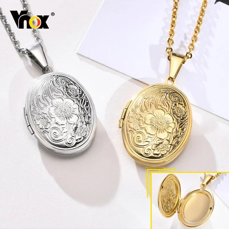 Vnox Monogram Floral Oval Heart Locket Pendant Necklaces for Women Men, Stainless Steel Photo Frame Promise Love Keepsake Collar