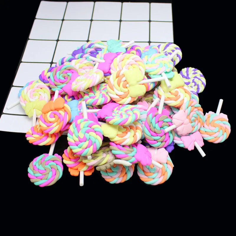 10Pcs 26*40mm Spiral Rainbow Polymer Clay Cabochons Lovely Lollipop Candy Flatback For DIY Phone Decoration Simulation Food Play