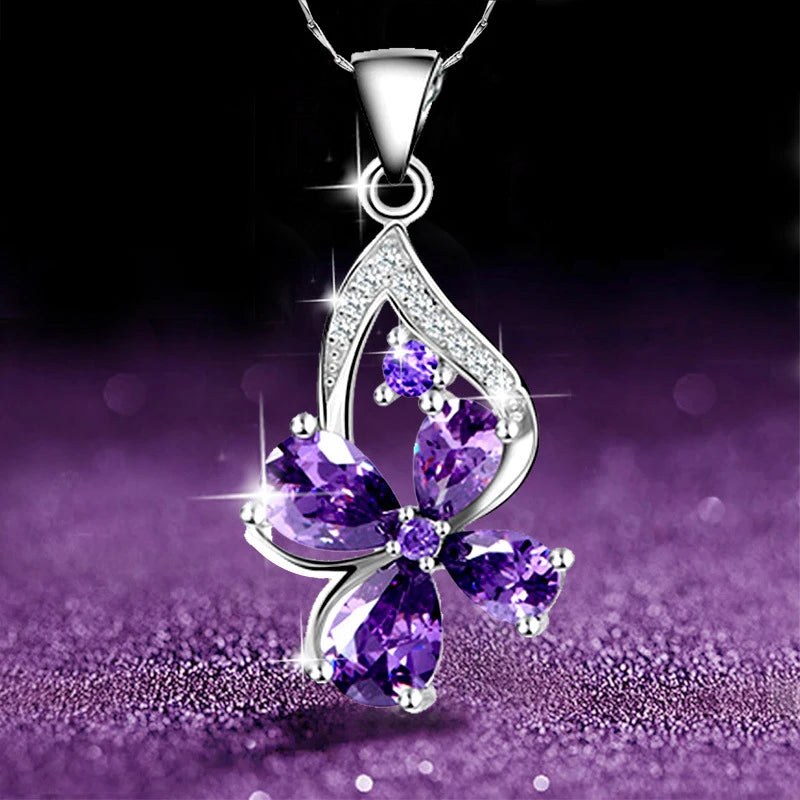 Huitan Aesthetic Purple CZ Women's Necklace Marquise/Square/Water Drop/Flower Pendant Luxury Fashion Female Wedding Jewelry 2021