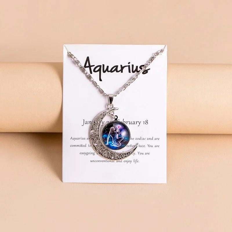 Vintage 12 Zodiac Sign Moon Pendant Necklaces Galaxy Star Glass Necklace With Gift Cards