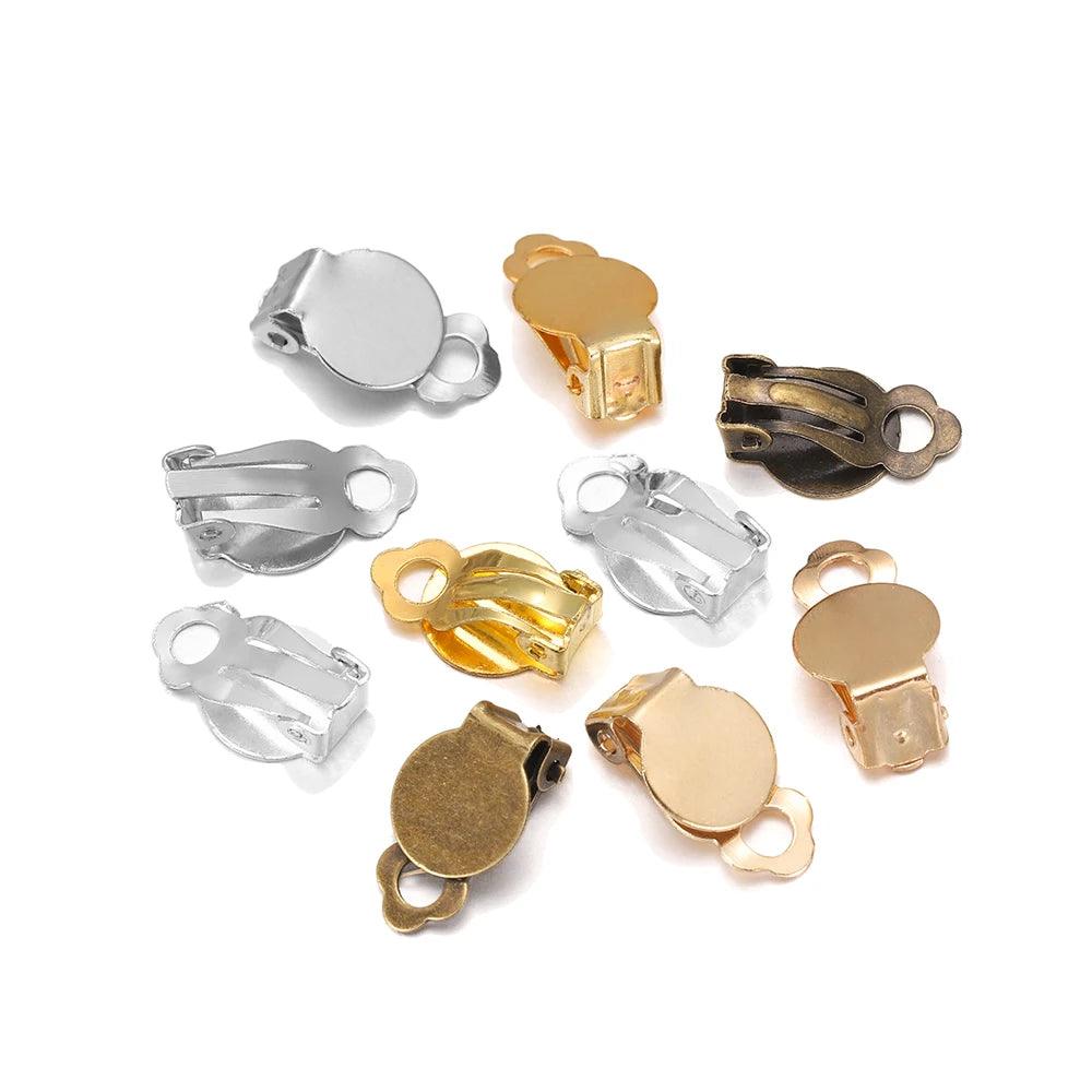 50pcs/lot Ear Clips Earrings Gold Silver Plated Iron Blank Setting Base Fit 10mm Glass Cabochons DIY Jewelry Making Components