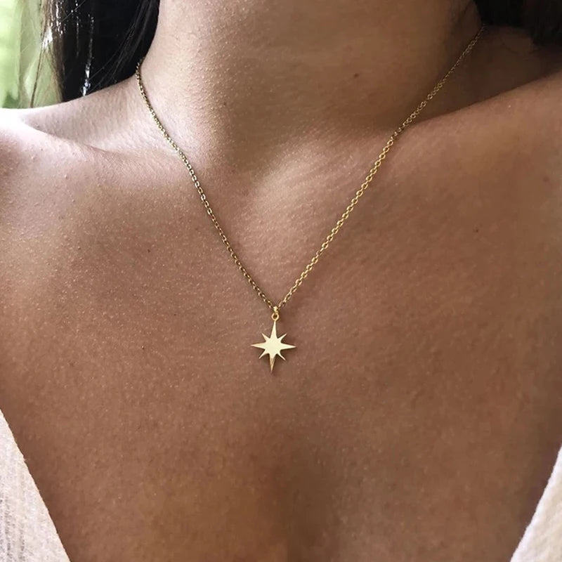New 316 L Stainless Steel Star Sun Pendant Necklaces For Women Gold Color Clavicle Necklaces Fahion Jewelry Valentine's Day Gift