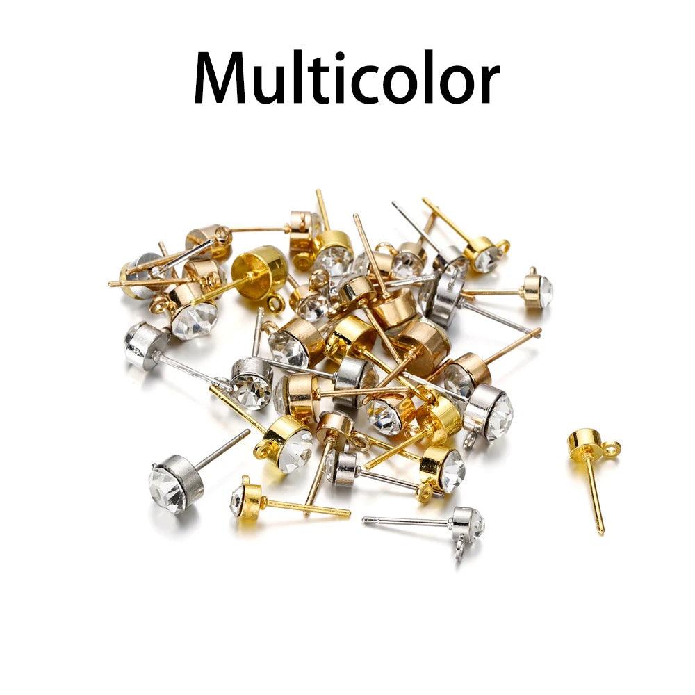50pcs/lot 4 5 6 mm Clear Rhinestone Earring Posts Ear Studs with Loop Fit DIY Earrings Jewelry Making Supplies Accessories