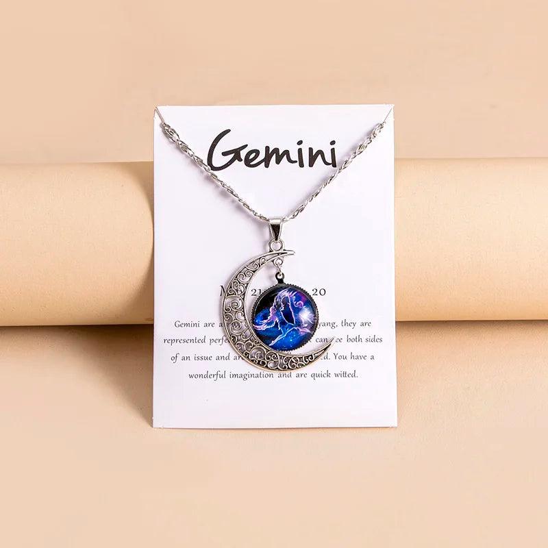 Vintage 12 Zodiac Sign Moon Pendant Necklaces Galaxy Star Glass Necklace With Gift Cards