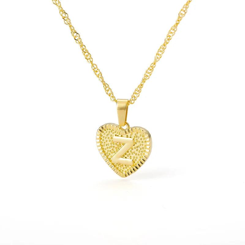 A-Z Initial Letter Heart Pendant Necklace For Women Stainless Steel Alphabet Heart Charm Chain Choker Jewelry Gift Collier Femme