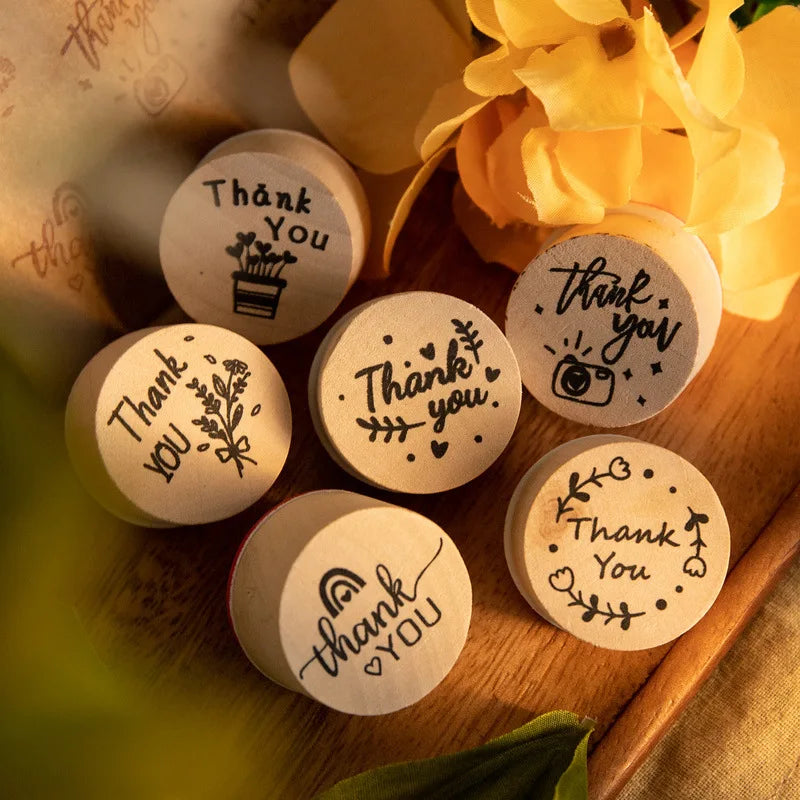 6pcs Wood Rubber Stamps Thank You Round Wooden Stamp DIY Craft Scrapbooking Stamping Birthday Party Wedding Christmas Decoration