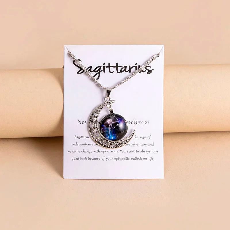 Vintage 12 Zodiac Sign Moon Pendant Necklaces Galaxy Star Glass Necklace With Gift Cards