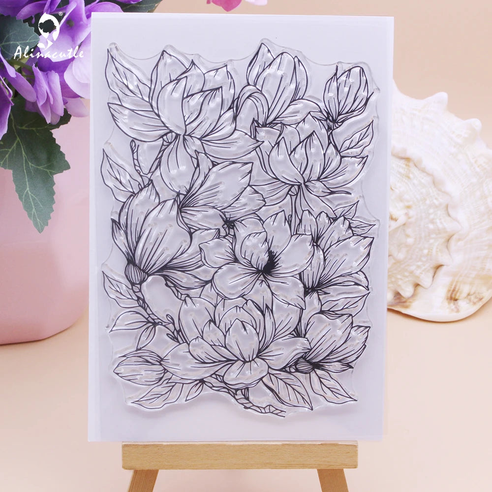 Alinacutle Clear Stamps Large Magnolia Bloom Floral DIY Scrapbooking Card Album Paper Craft Rubber Transparent Silicon Stamps