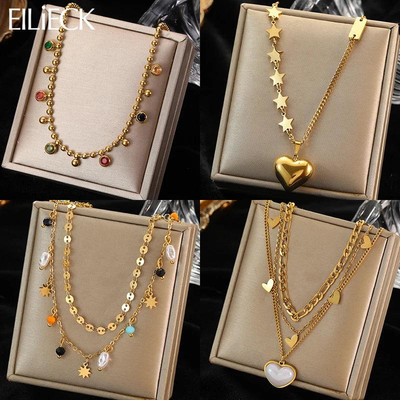 EILIECK 316L Stainless Steel Pearl Heart Pendant Necklace For Women Gold Color Non-fading Charm Choker Jewelry Girls Party Gift