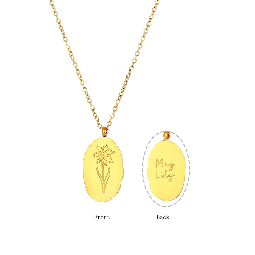 E.B.belle Tarnish Free Irregular Personality 12 Months Flower Pendant Necklace Stainless Steel Gold Plated Birthstone Necklace