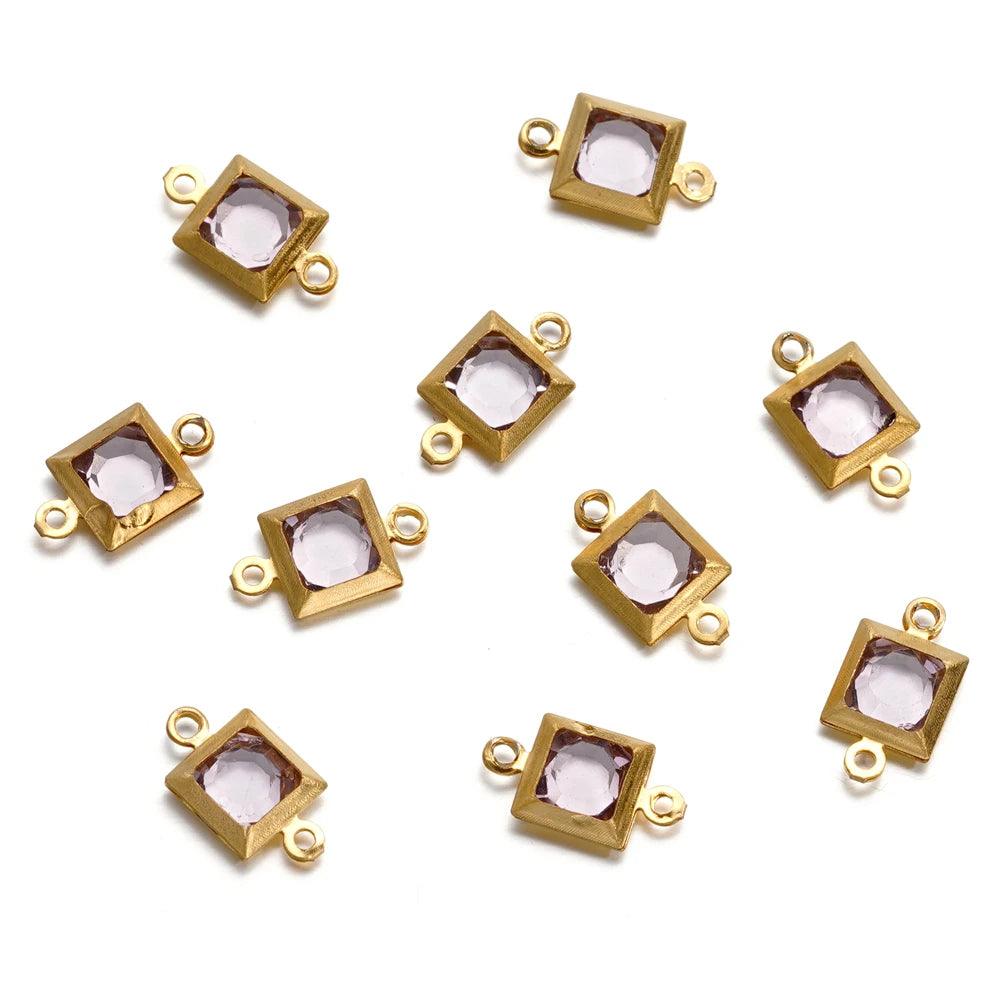 10pcs Stainless Steel Double Holes Square with Rhinestones Bracelet Necklace Pendant Connectors for DIY Jewelry Making Supplies