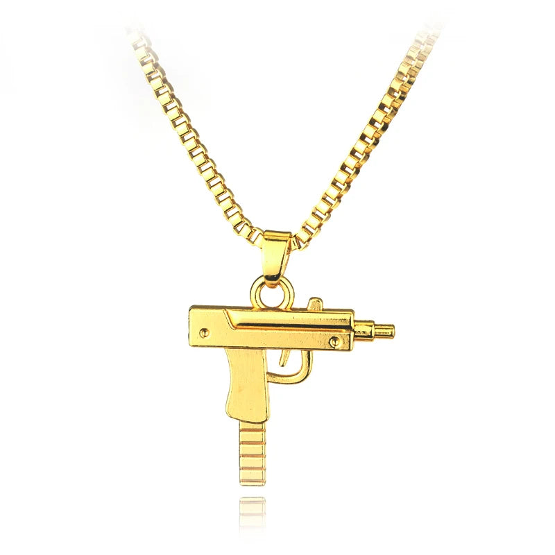 Hip Hop Glizzy Gang Gun Pendant Pistol Necklace Little Charm Golden Submachine Gun Mini Fashion Jewelry For Men's Cool Gift