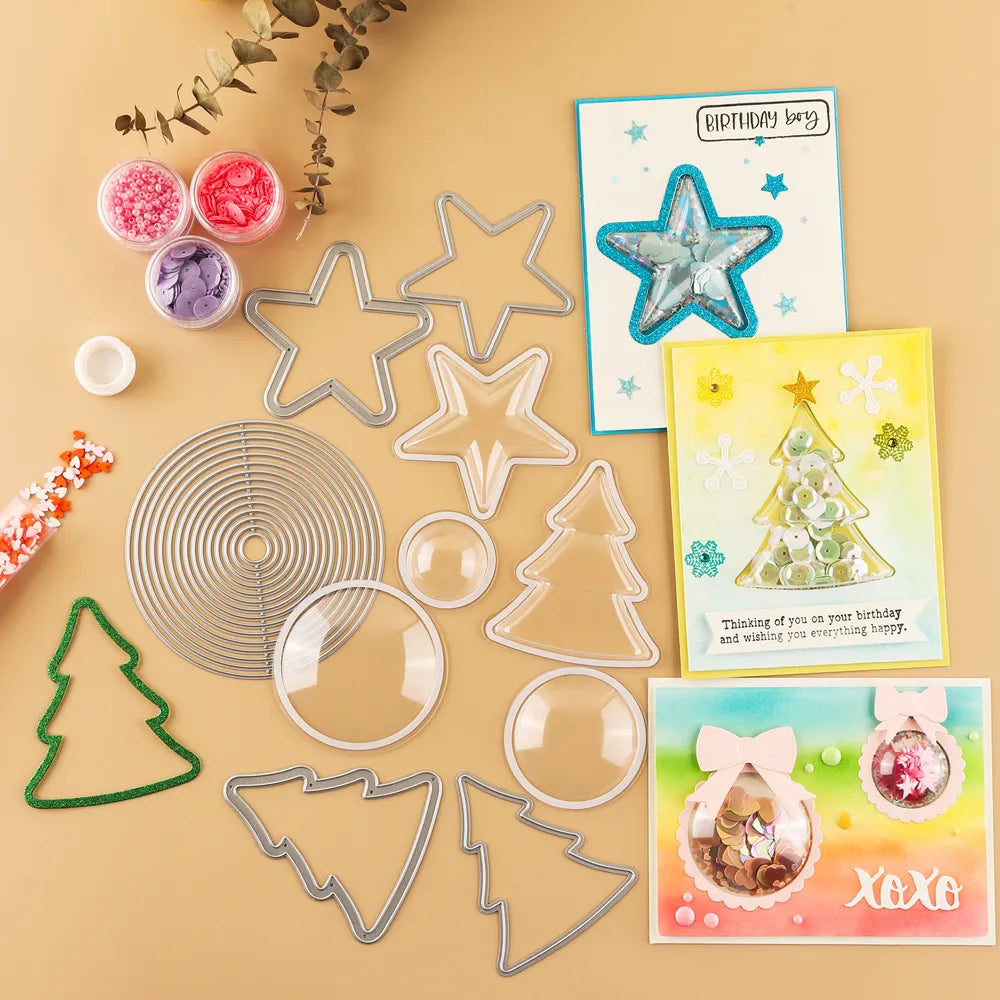 Stars Circles Trees 3D Dimensional Shaker Domes Set For Shaker Cards Making Plastic Clear Puffy Shaker Covers To Add Dimensions