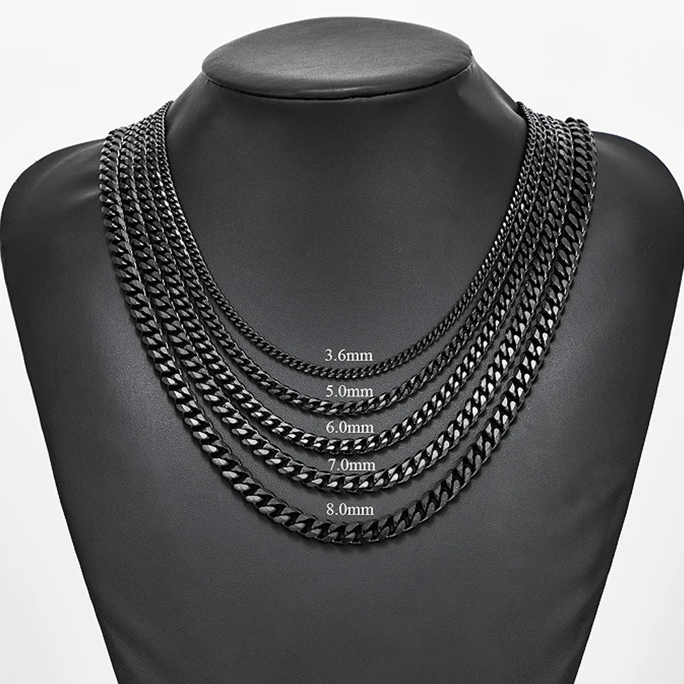 HIYEE 3mm/4mm/5mm/6mm/7mm/8mm Black Color Stainless Steel Cuban Link Chains Classic Men Boy Curb Chunky Necklace 14 to 30 Inches