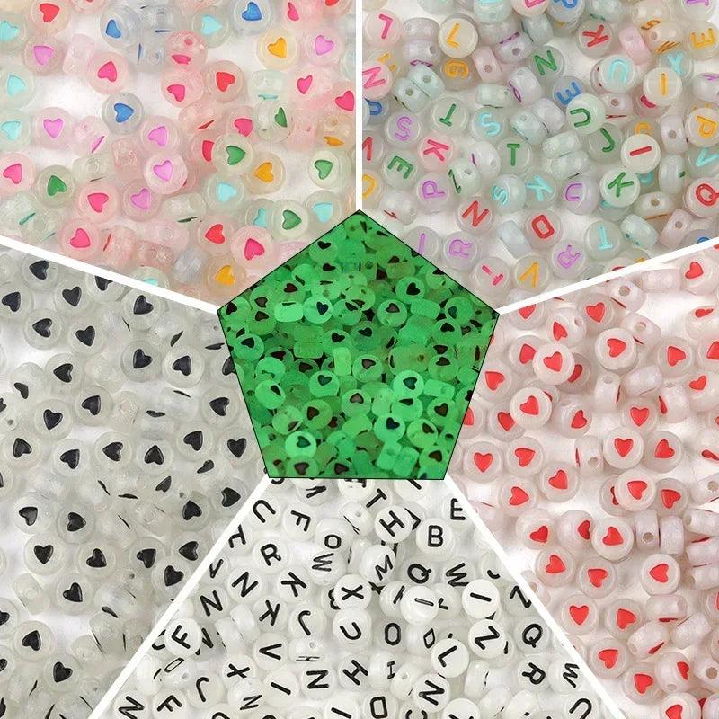 100/200/300/500pcs Acrylic Luminous Beads Glow in the night Letter Heat Spacer Beads Handmade for Jewelry Making DIY Bracelet