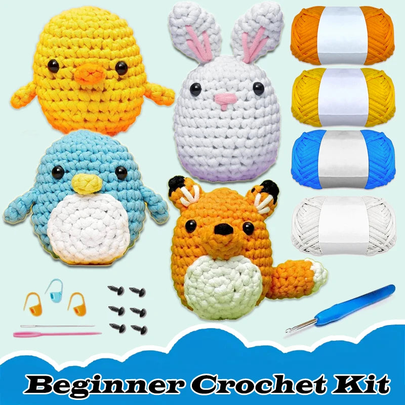 Kids Beginner Crochet Kit Cotton Knitting Yarn Thread Needles Hook Knit Tool Set Animal DIY Craft for Beginners